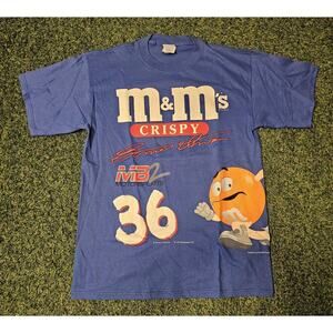 Vintage 90s NASCAR Racing Ernie Irvan M&M All Over Print T Shirt Blue Candy L